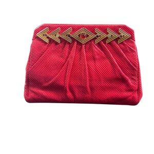 Vintage 1980’s Judith Leiber Lizard Red Clutch with Gold Accents Bag